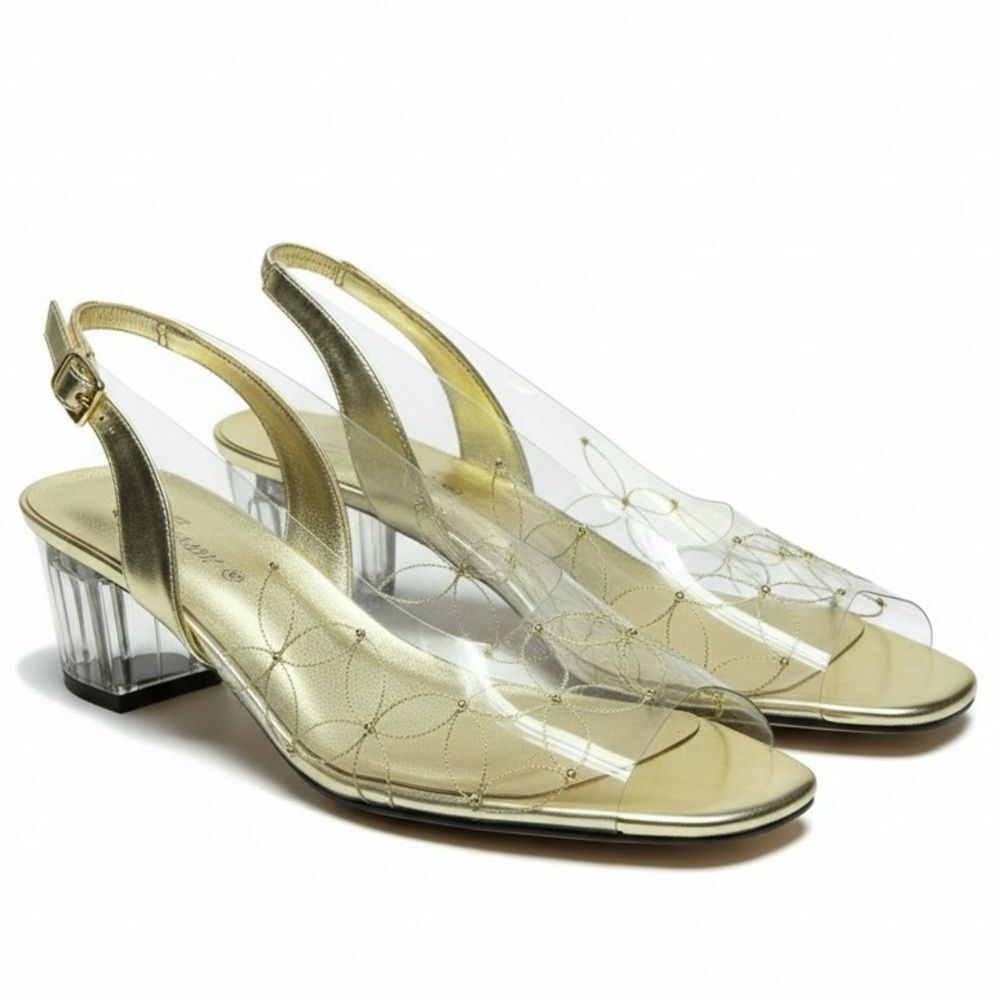 Vintage Inspired Annie Gold Clear Slingback Heels Floral Design Short Block Heel